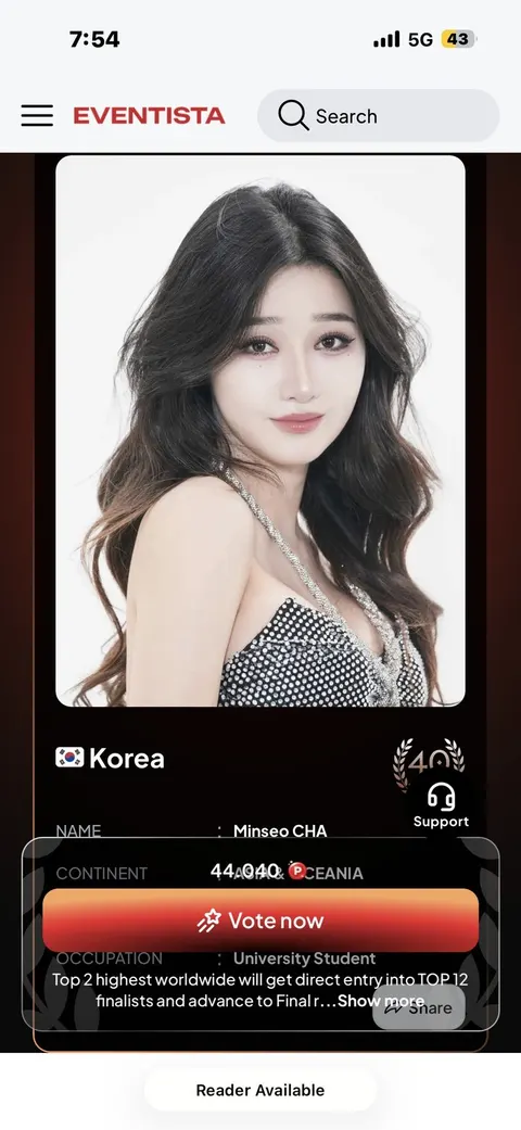 Phone screenshot of the Eventista app showing the Korea contestant Minseo Cha with a Vote now button