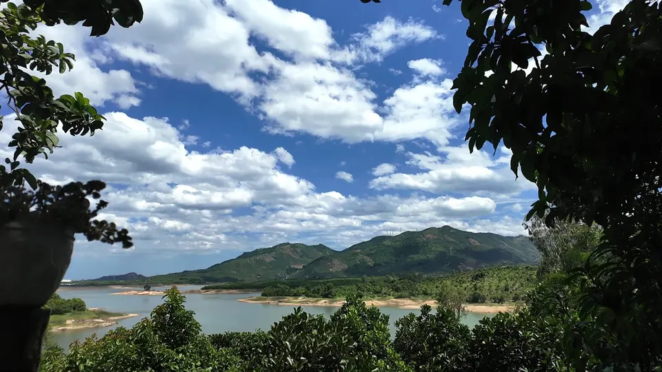 A lake with a bare rocky shoreline and green hills, seen through tree branches